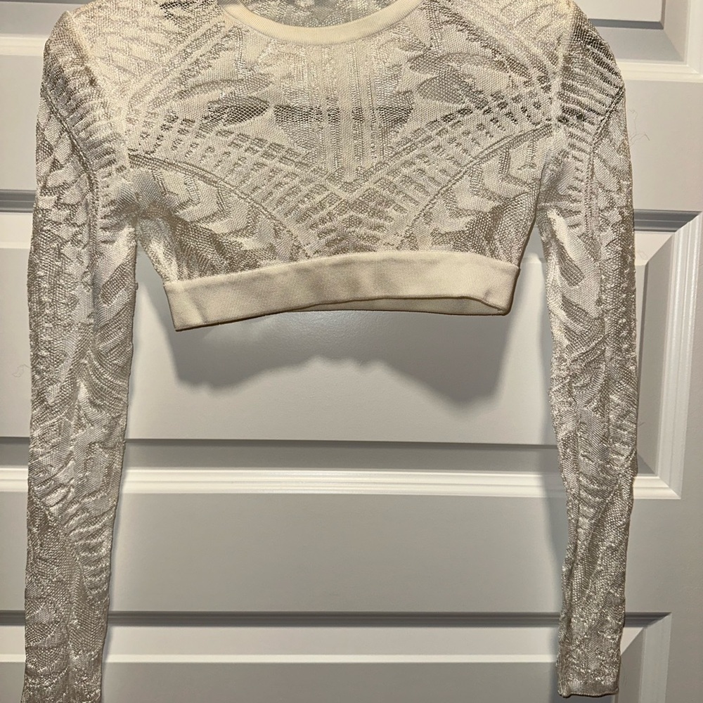 Balmain Cream Lace Long Sleeve Crop Top